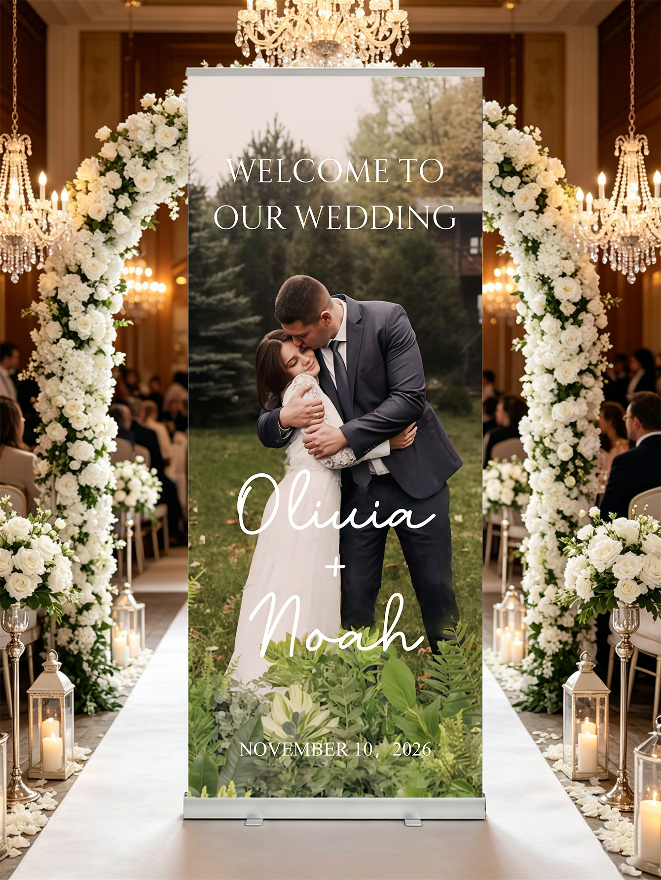 Customized wedding retractable banners - personalized photo wedding welcome signs, reception decorations and background curtains